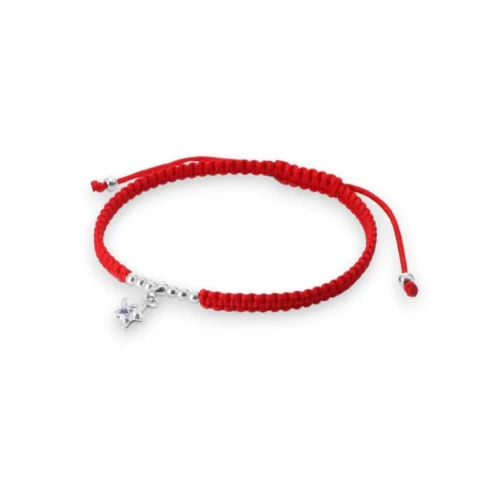 Pulsera de Macramé Roja con Esferas y Estrella de Circón en Plata