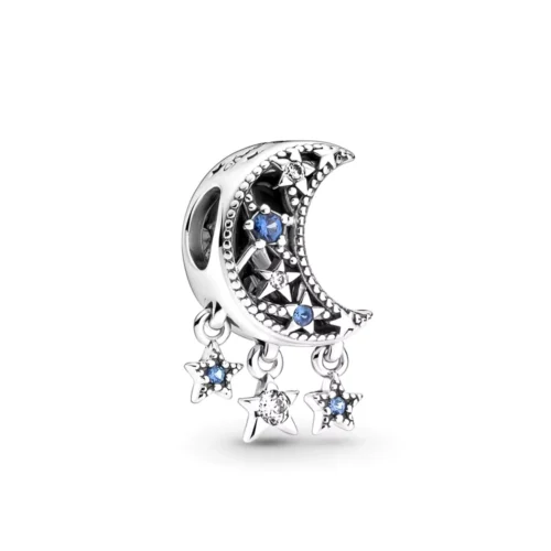 Charm Plateado Luna y Estrellas Colgantes con Circones