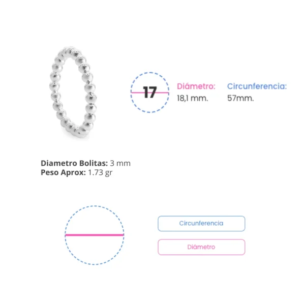 Anillo de Plata 925 Anti Estrés Camino de Esferas Talla 17 Medidas