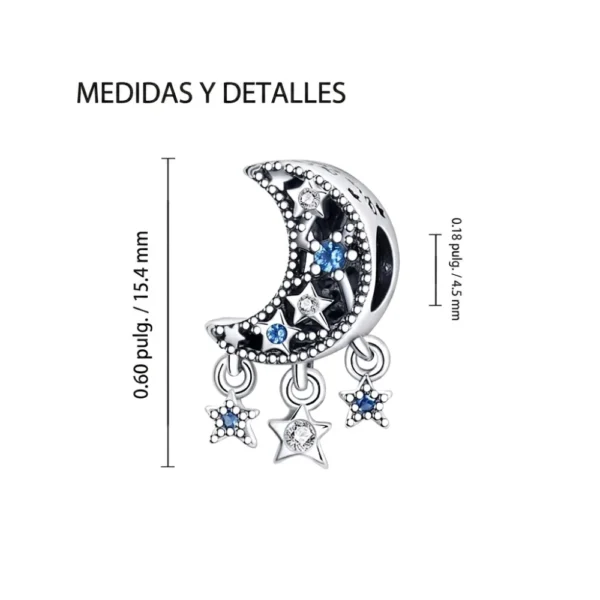 Charm Plateado Luna y Estrellas Colgantes con Circones Medidas Charm Plateado Luna y Estrellas Colgantes con Circones Medidas