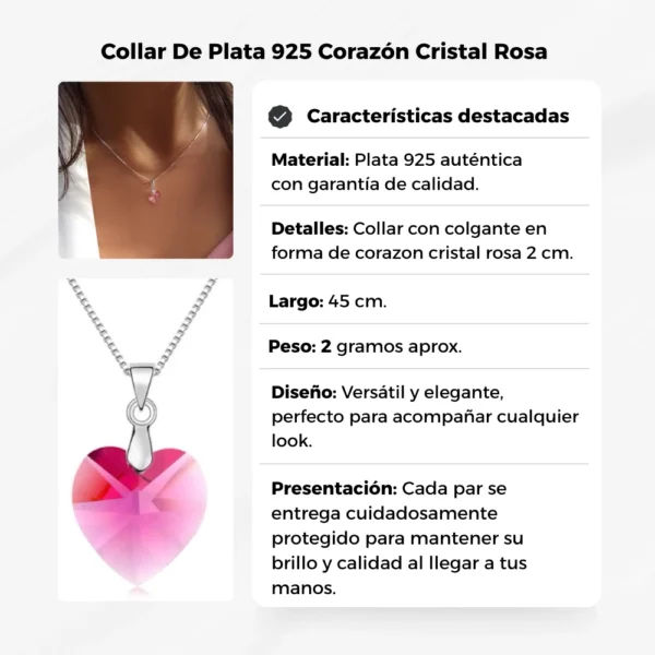 Collar De Plata 925 Corazón Cristal Rosa Caracteristicas Collar De Plata 925 Corazón Cristal Rosa Caracteristicas