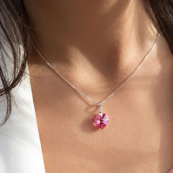 Collar De Plata 925 Corazón Cristal Rosa Cuello Collar De Plata 925 Corazón Cristal Rosa Cuello