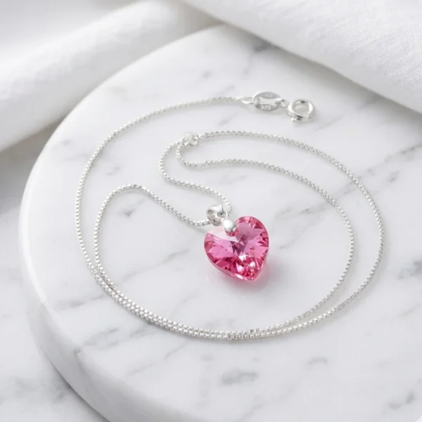 Collar De Plata 925 Corazón Cristal Rosa Marmol Collar De Plata 925 Corazón Cristal Rosa Marmol