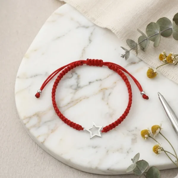 Pulsera De Macramé Roja Con Figura De Plata 925 Estrella Flores Pulsera De Macramé Roja Con Figura De Plata 925 Estrella Flores