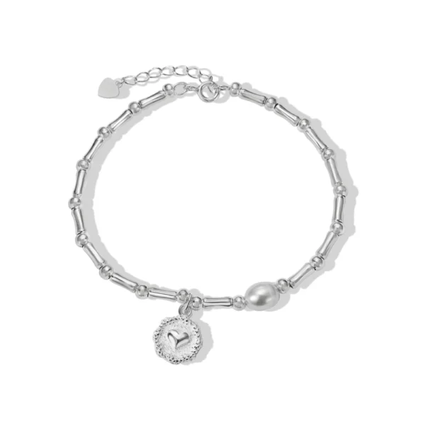 Pulsera Plata Corazón Cuencas Bastones con Perla 17 cm