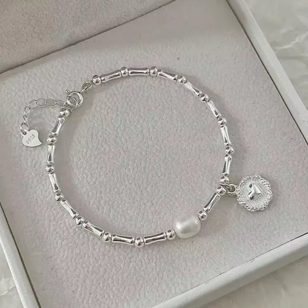 Pulsera Plata Corazón Cuencas Bastones con Perla 17 cm Caja