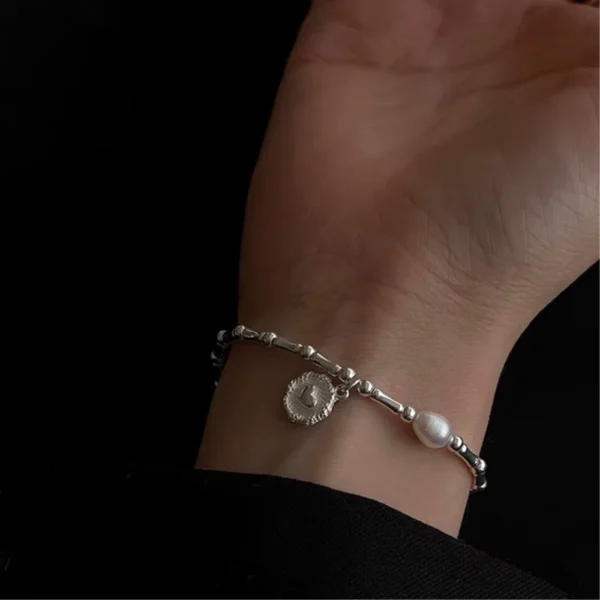 Pulsera Plata Corazón Cuencas Bastones con Perla 17 cm Mano