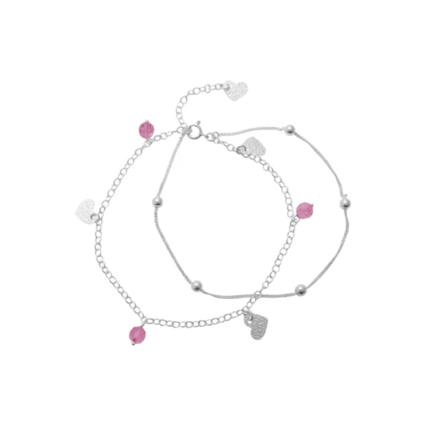 Tobillera de Plata Doble Cadena con Corazones y Circones Derecha