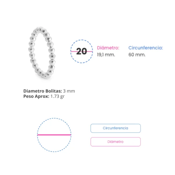 Anillo de Plata 925 Anti Estrés Camino de Esferas Medidas Talla 20