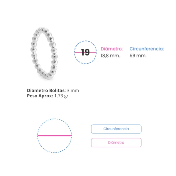 Anillo de Plata 925 Anti Estrés Camino de Esferas Talla 19 Medidas