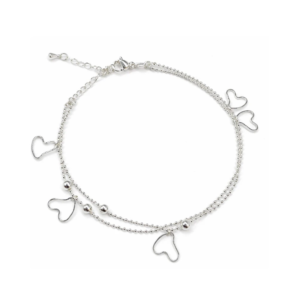 Tobillera Doble Cadena Ovalos Corazones Colgantes