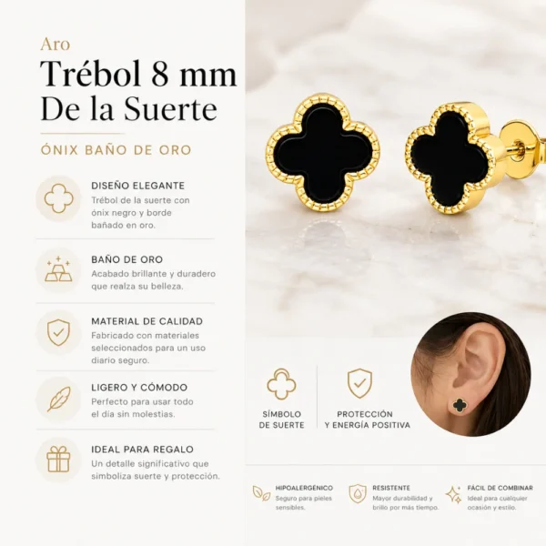 Aros Trébol de la Suerte con Ónix Caracteristicas Aros Trébol de la Suerte con Ónix Caracteristicas