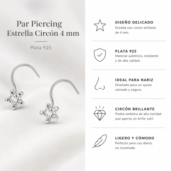 Par Piercing Estrella Circón 4 mm Plata 925 Caracteristicas Par Piercing Estrella Circón 4 mm Plata 925 Caracteristicas